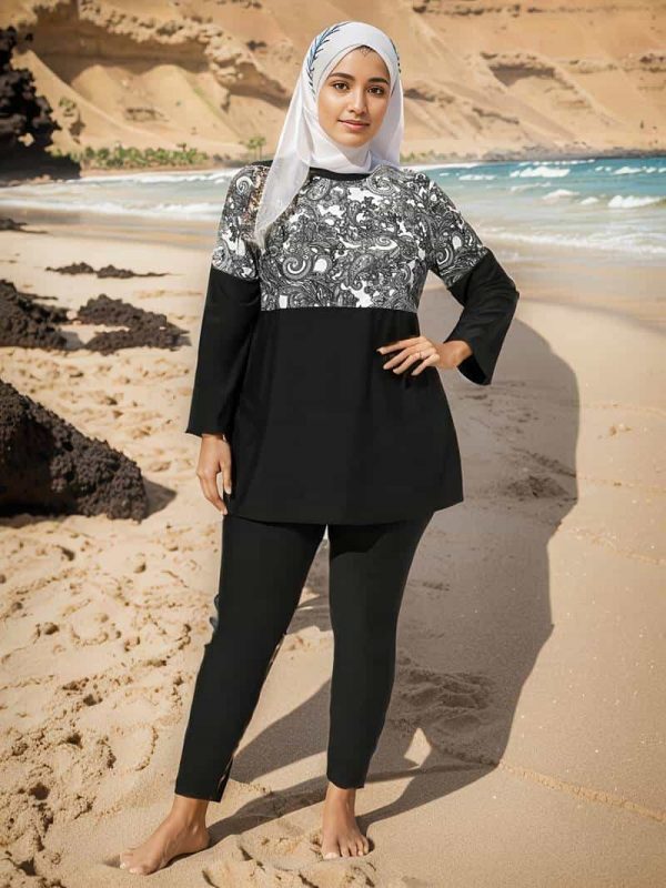 طقم تانكيني كاجوال مكونة من قطعتين بطبعة زهور بيزلي وأكمام طويلة ورقبة دائرية، بدلة سباحة نسائية