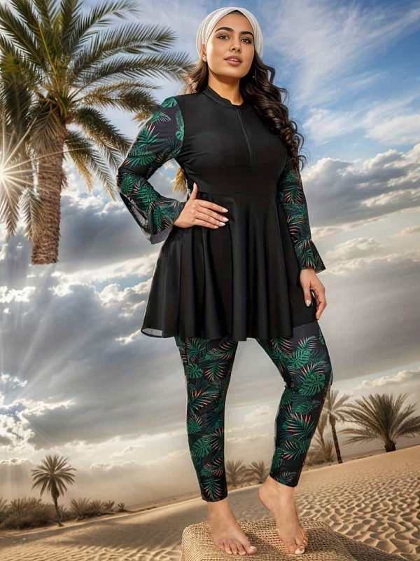 طقم تانكيني مكون من قطعتين، بدلة سباحة نسائية بطبعة استوائية وأكمام