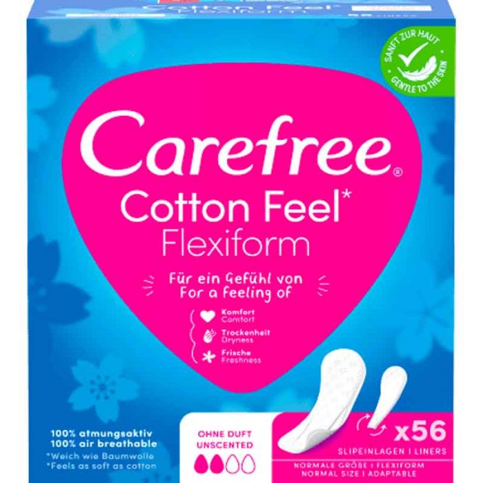 فوطة يومية بملمس قطني مرنة، غير معطرة، 56 قطعة Vaginal (Carefree)