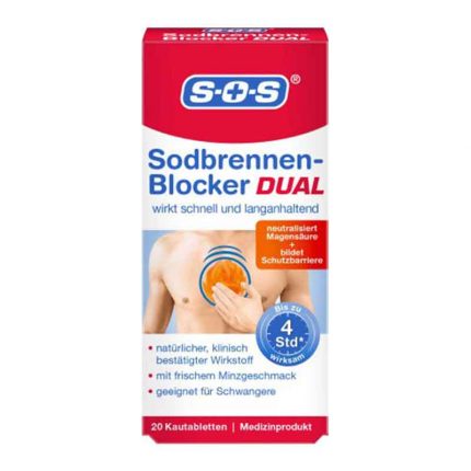 أقراص مزدوجة قابلة للمضغ، مانعة لحرقة المعدة، 20 قطعة Sodbrennen Blocker DUAL Kautabletten