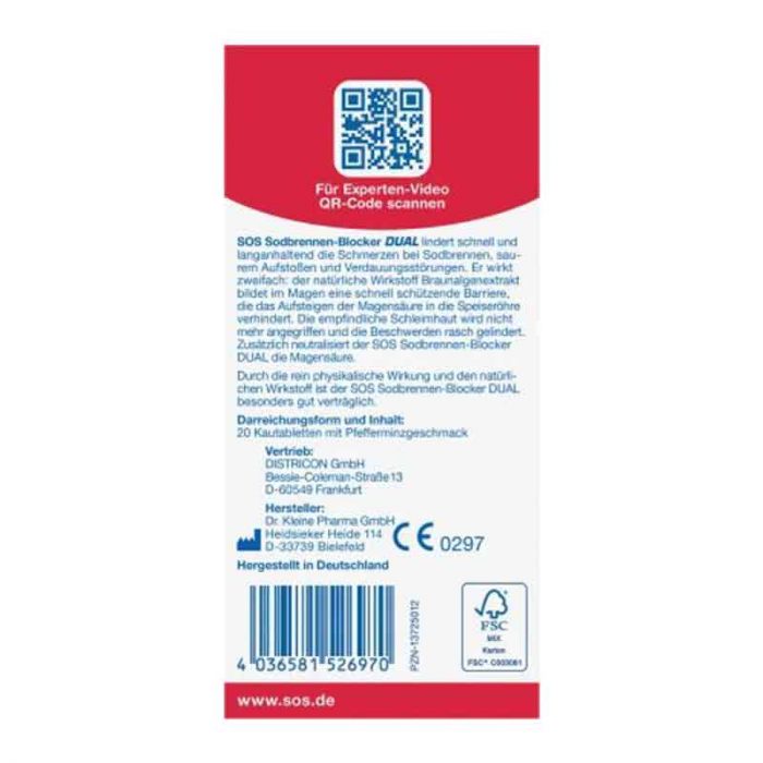 أقراص مزدوجة قابلة للمضغ، مانعة لحرقة المعدة، 20 قطعة Sodbrennen Blocker DUAL Kautabletten